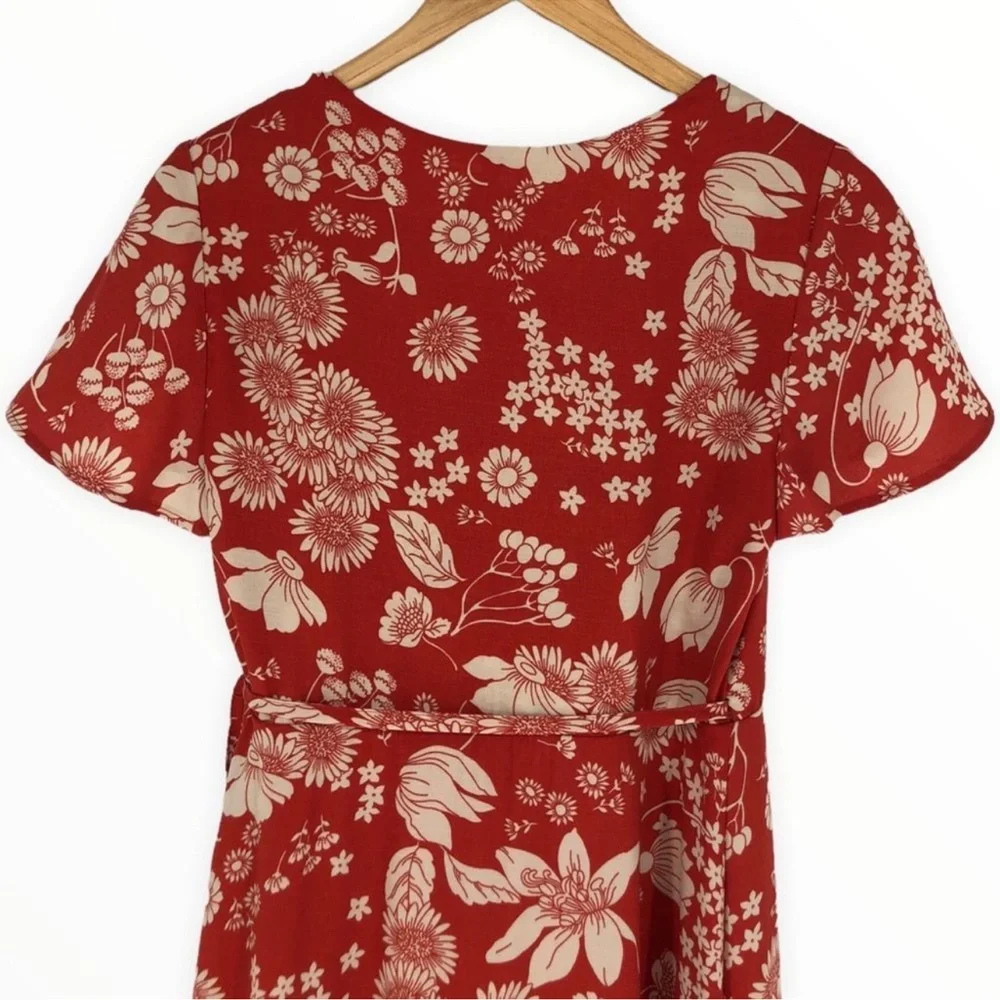 NWT Urban Outfitters Daphne Red / Orange Floral Midi Ruffle Wrap Dress Medium M - Picture 7 of 12